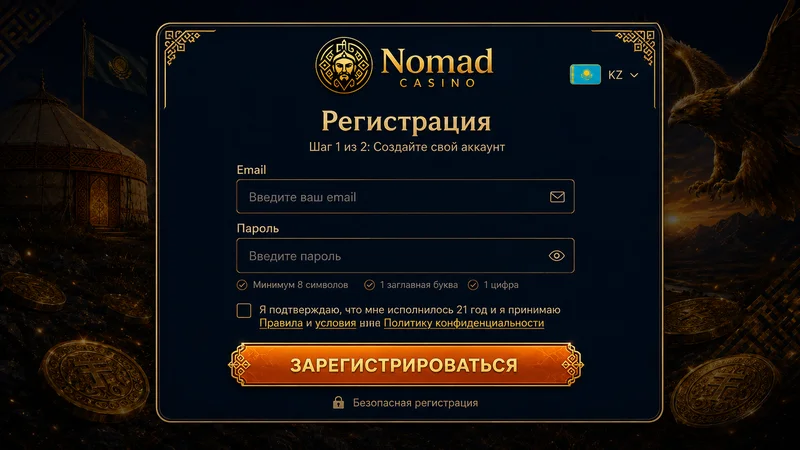 Шаг 1 регистрация Nomad Casino главная страница кнопка регистрация